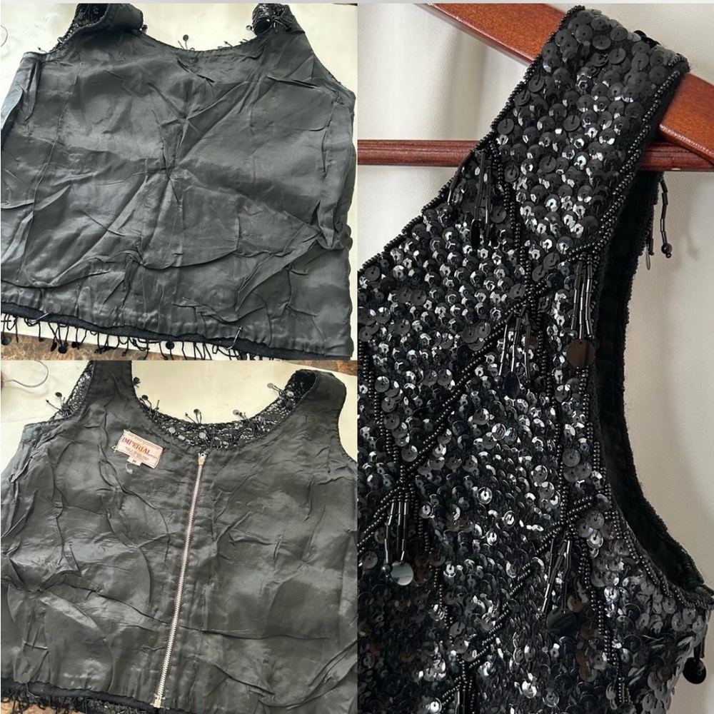 Vintage 1960s Black sequin tank top with beaded fringe glam 100% Wool Medium. - Picture 8 of 8